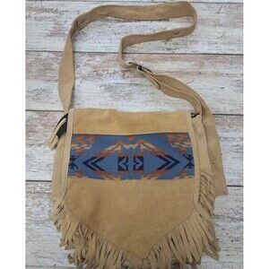 Pendleton Leather Fringe Tan Blue Aztec Purse Bag Crossbody Adjustable Suede